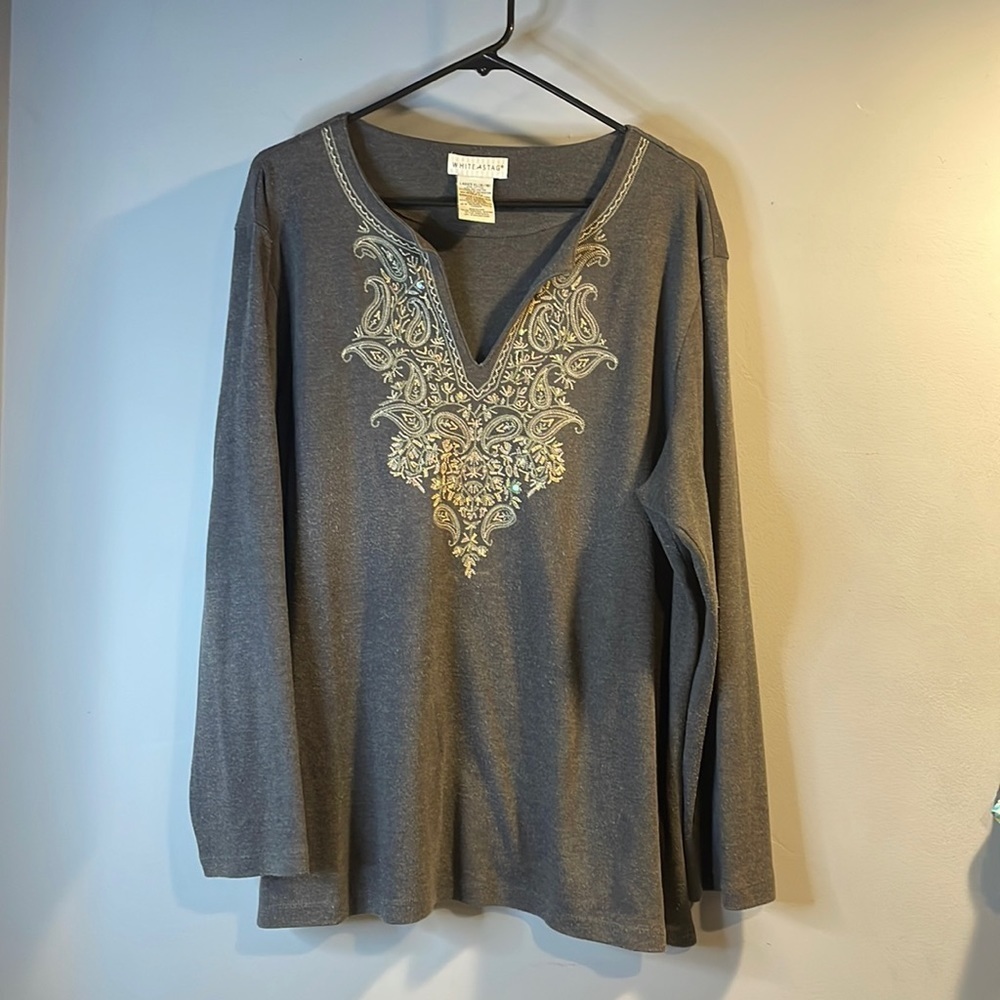 Grey embellished v-neck top
